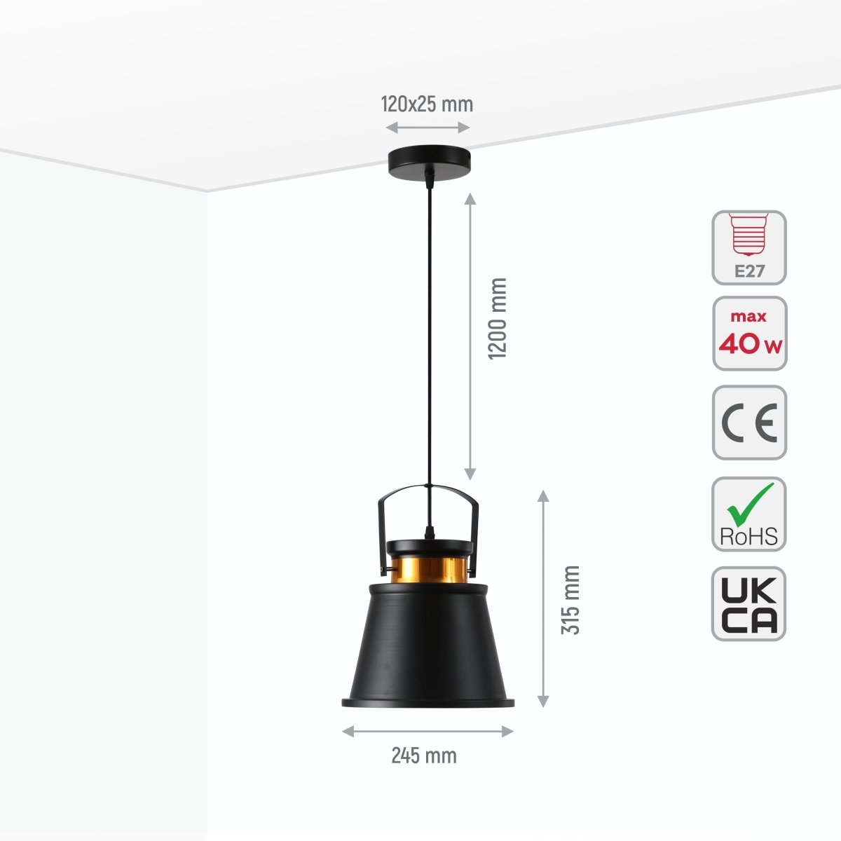 Size and specs of Loft Cafe Bar Counter Exhibition Hall Pub Aisle Indoor Black Funnel Handled Black Gold Metal Pendant Ceiling Light E27 | TEKLED 150-17816