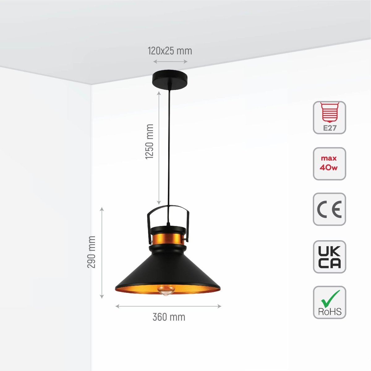 Size and specs of Loft Cafe Bar Counter Exhibition Hall Pub Aisle Indoor Black Funnel Handled Black Gold Metal Pendant Ceiling Light E27 | TEKLED 150-17818