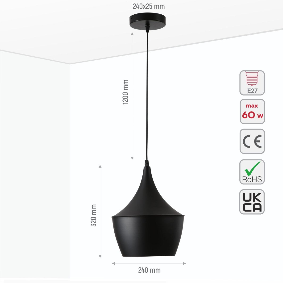 Size and specs of Penn Cone Schoolhouse Orient Flat Black Gold Metal Pendant Ceiling Light E27 | TEKLED 150-17912