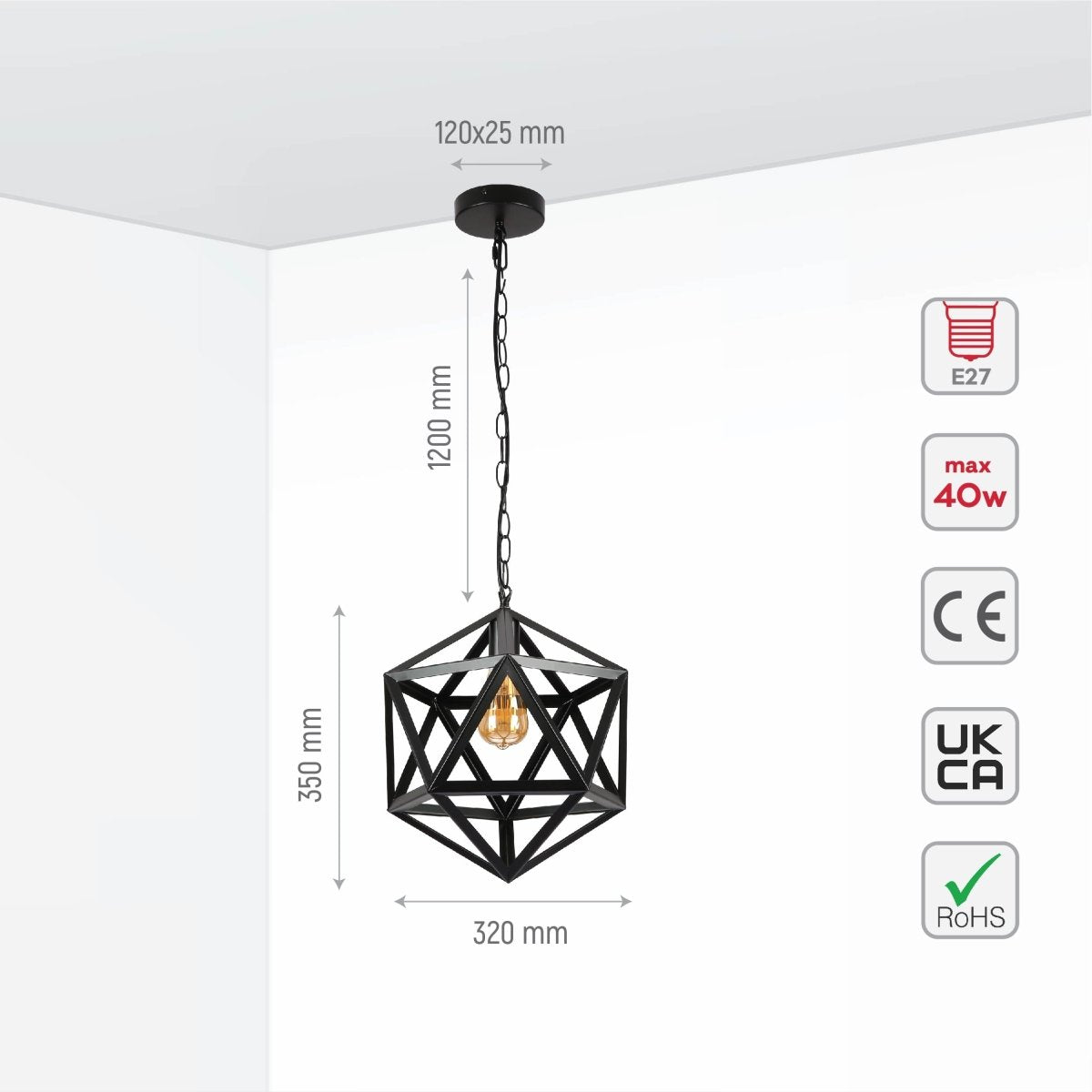 Size and specs of Black Metal Cage Polyhedral Pendant Ceiling Light with E27 | TEKLED 150-18098