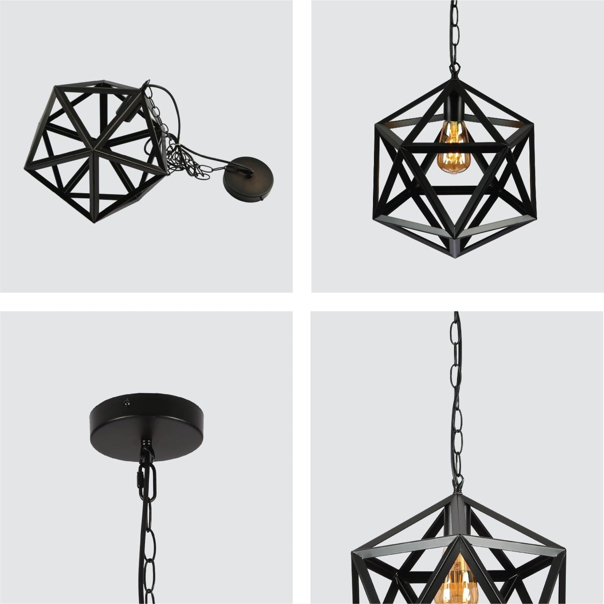 Close up shots of Black Metal Cage Polyhedral Pendant Ceiling Light with E27 | TEKLED 150-18098