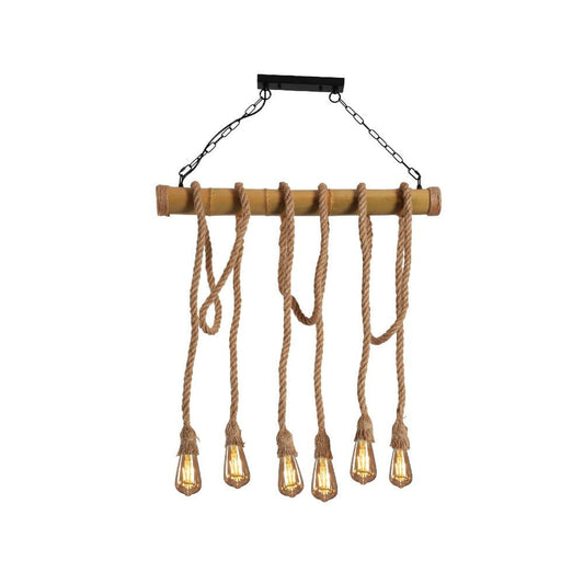 Farmhouse Rustic Bamboo and Hemp Rope Rod Ceiling Chandelier Light 6xE27