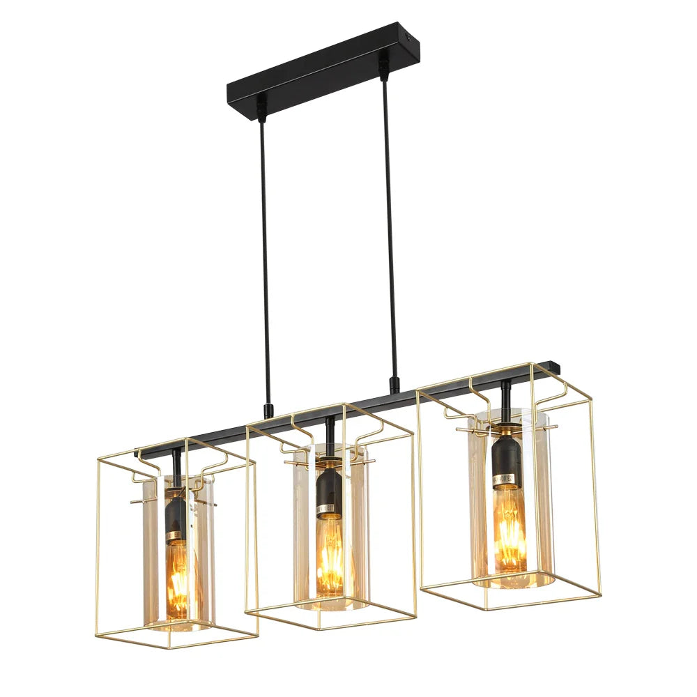Gold Metal Cage Amber Cylinder Glass Pendant or Island Ceiling Light E27 Fitting