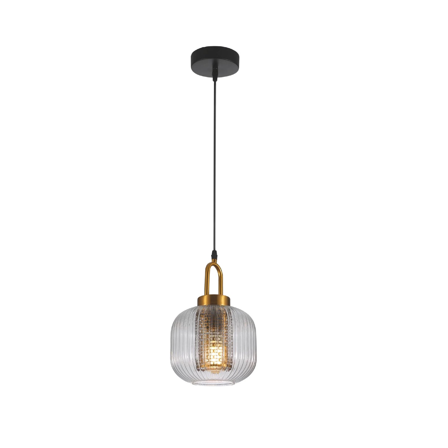 Sawyer Ribbed Fluted Reeded Maloto Lantern Clear Glass Pendant Ceiling Light E27 Gold Handled