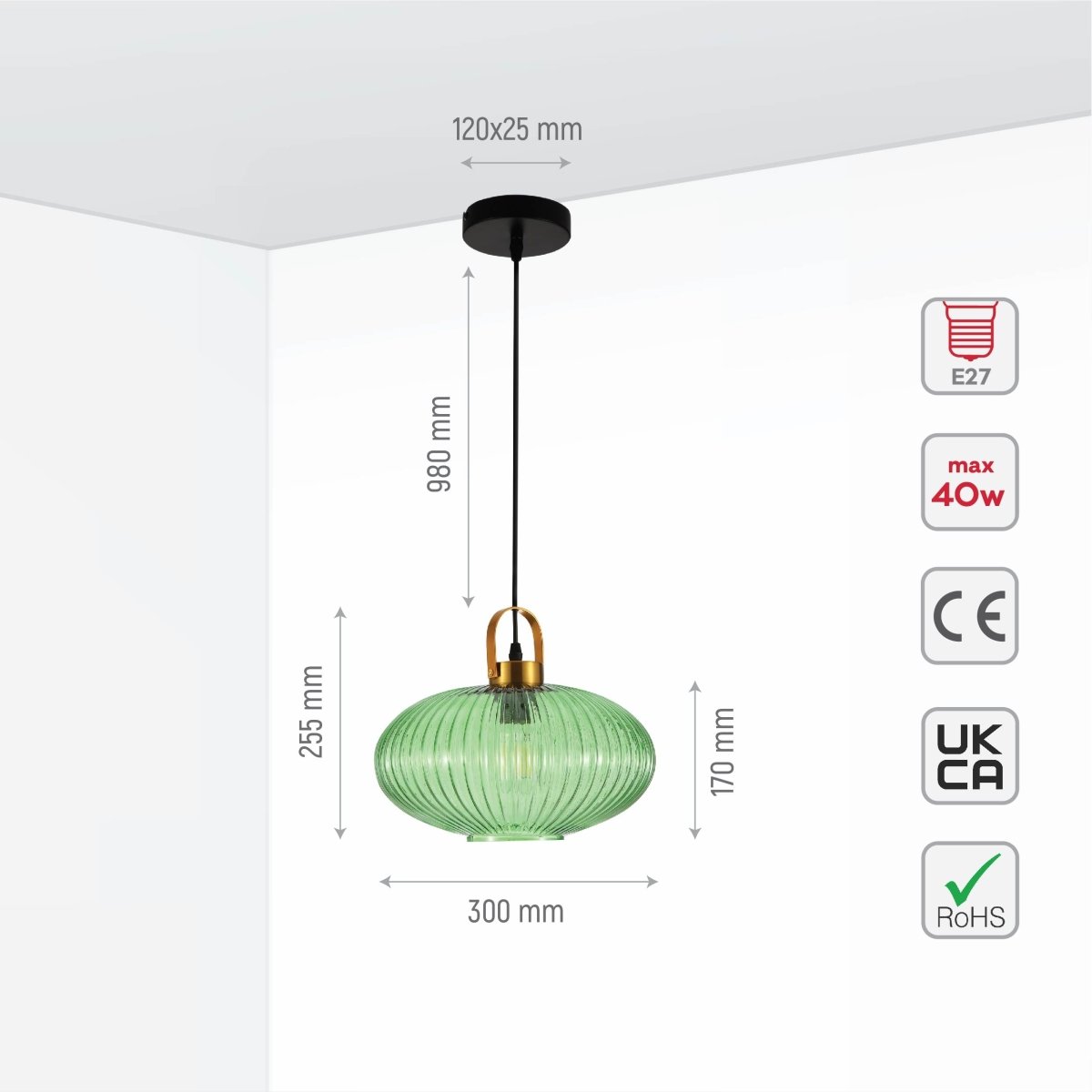 Size and specs of Sawyer Ribbed Fluted Reeded Maloto Lantern Green Glass Pendant Ceiling Light E27 Gold Handled  | TEKLED 150-18706