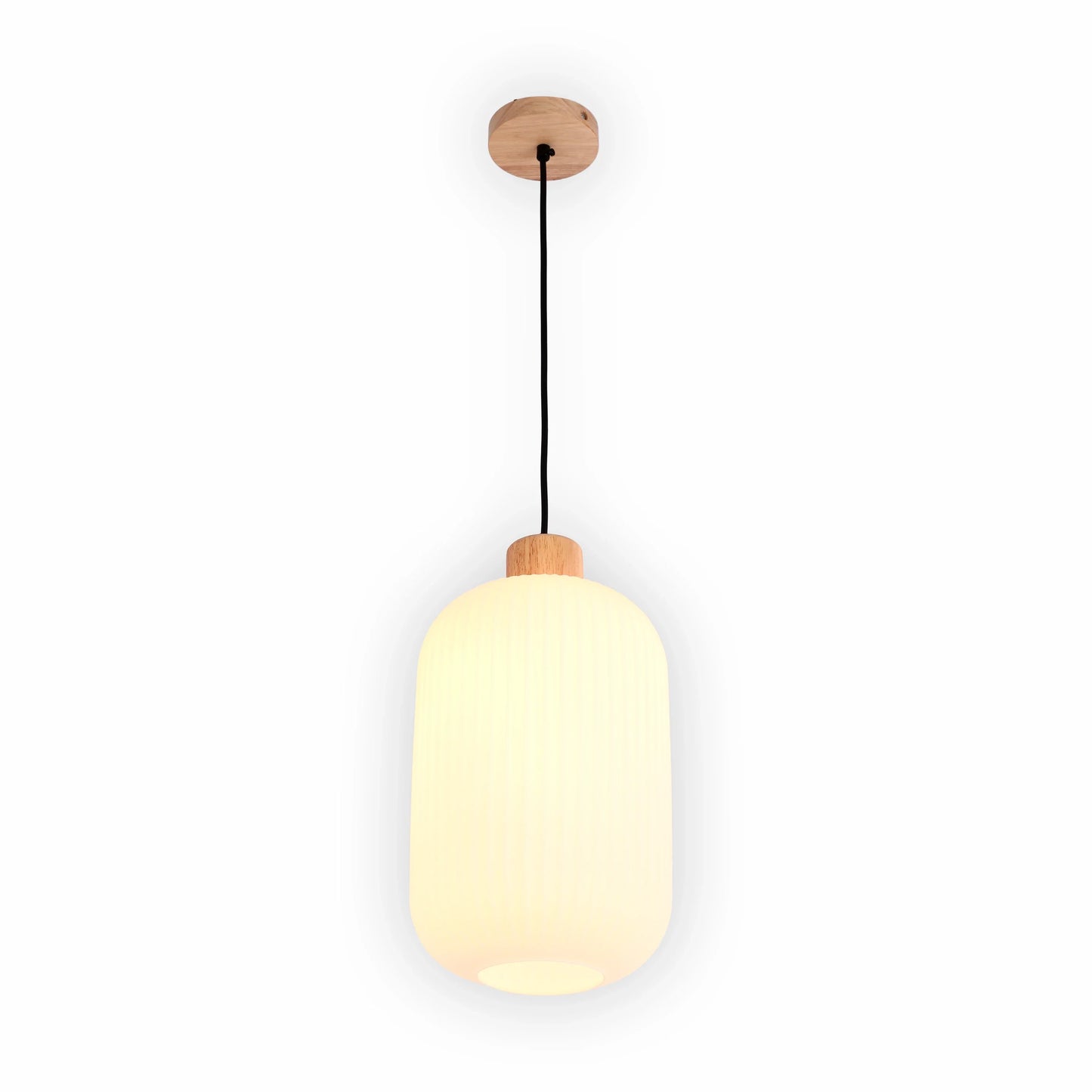 White Ribbed Glass Pendant Light with Wooden Accents