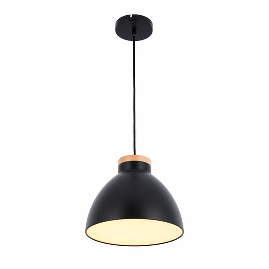 Dome Pendant Light with Wooden Accent - E27 Fitting, 40W Max, IP20