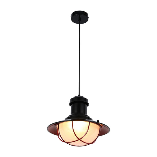 Industrial Cage Pendant Lights - Antique Brass and Black with Red Detailing