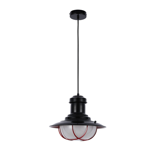 Industrial Cage Pendant Lights - Antique Brass and Black with Red Detailing