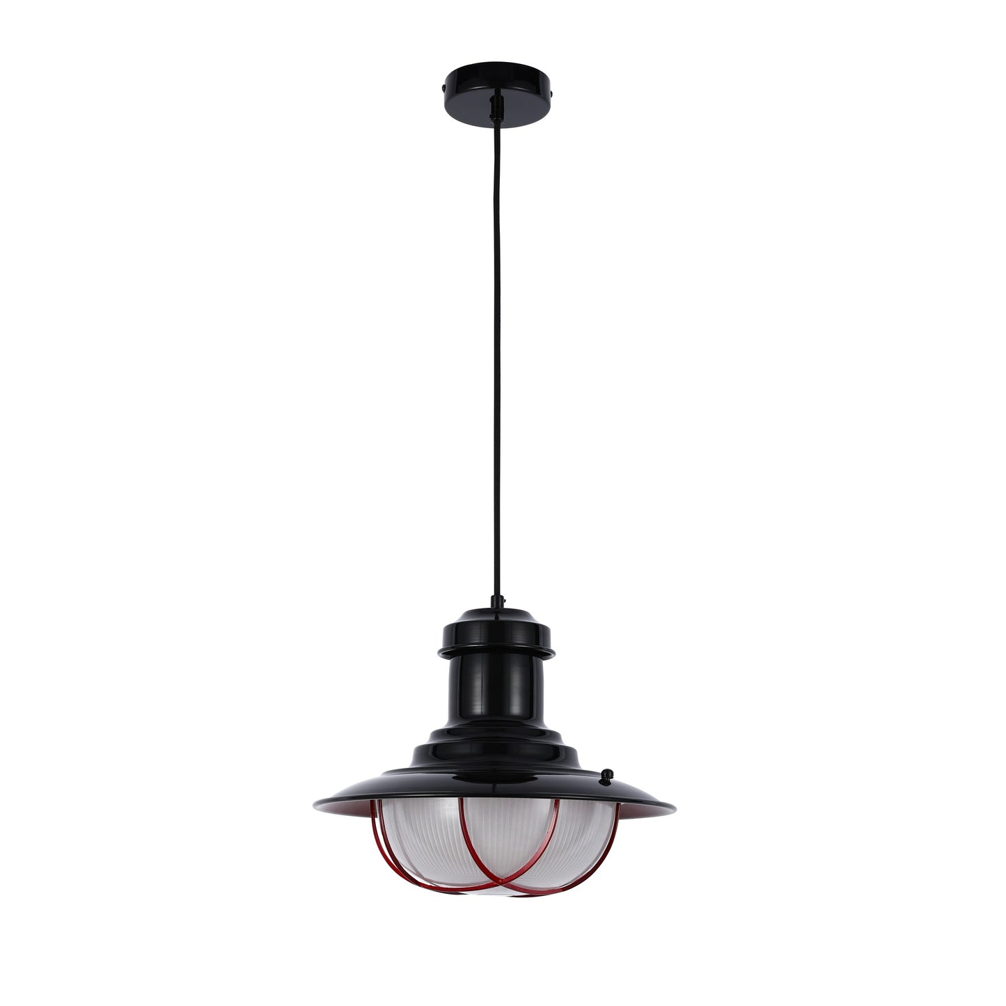 Industrial Cage Pendant Lights - Antique Brass and Black with Red Detailing