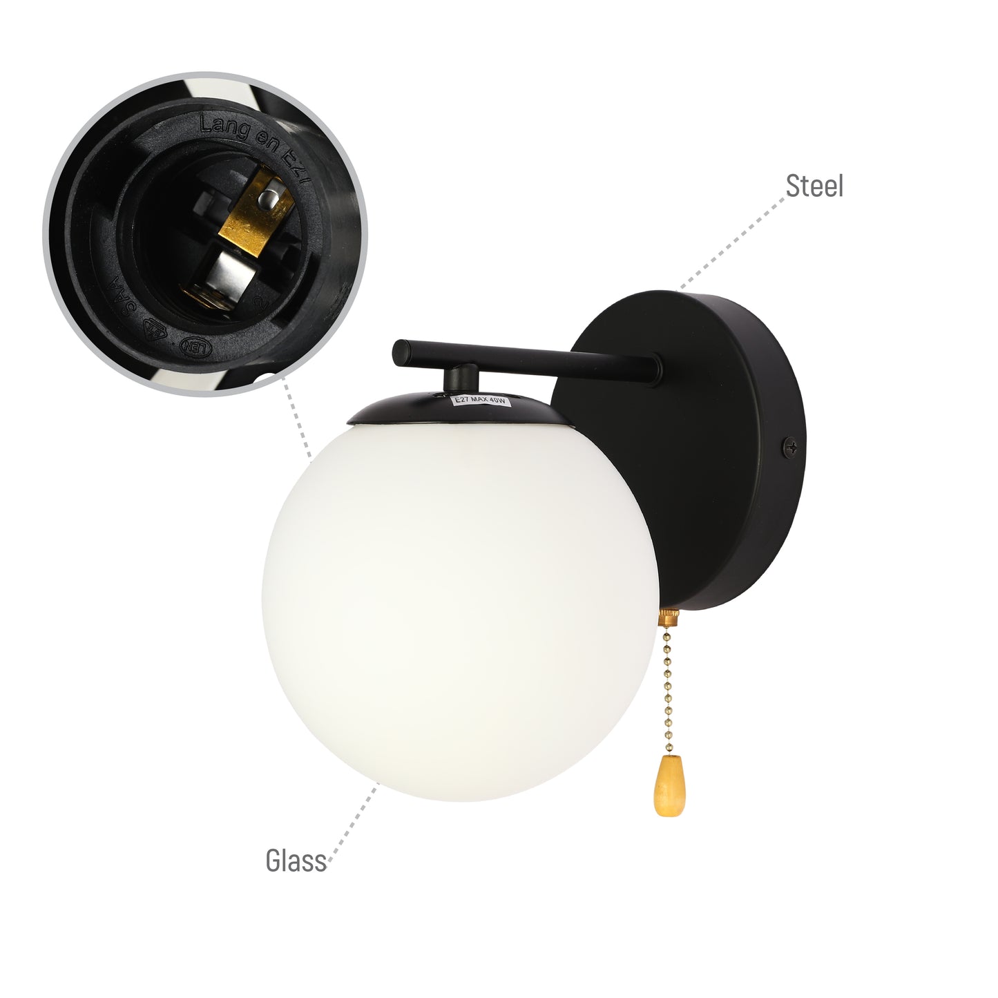 Wall Lamp 52030 1xE27 OPAL+ BLACK (TEKAVIZE)