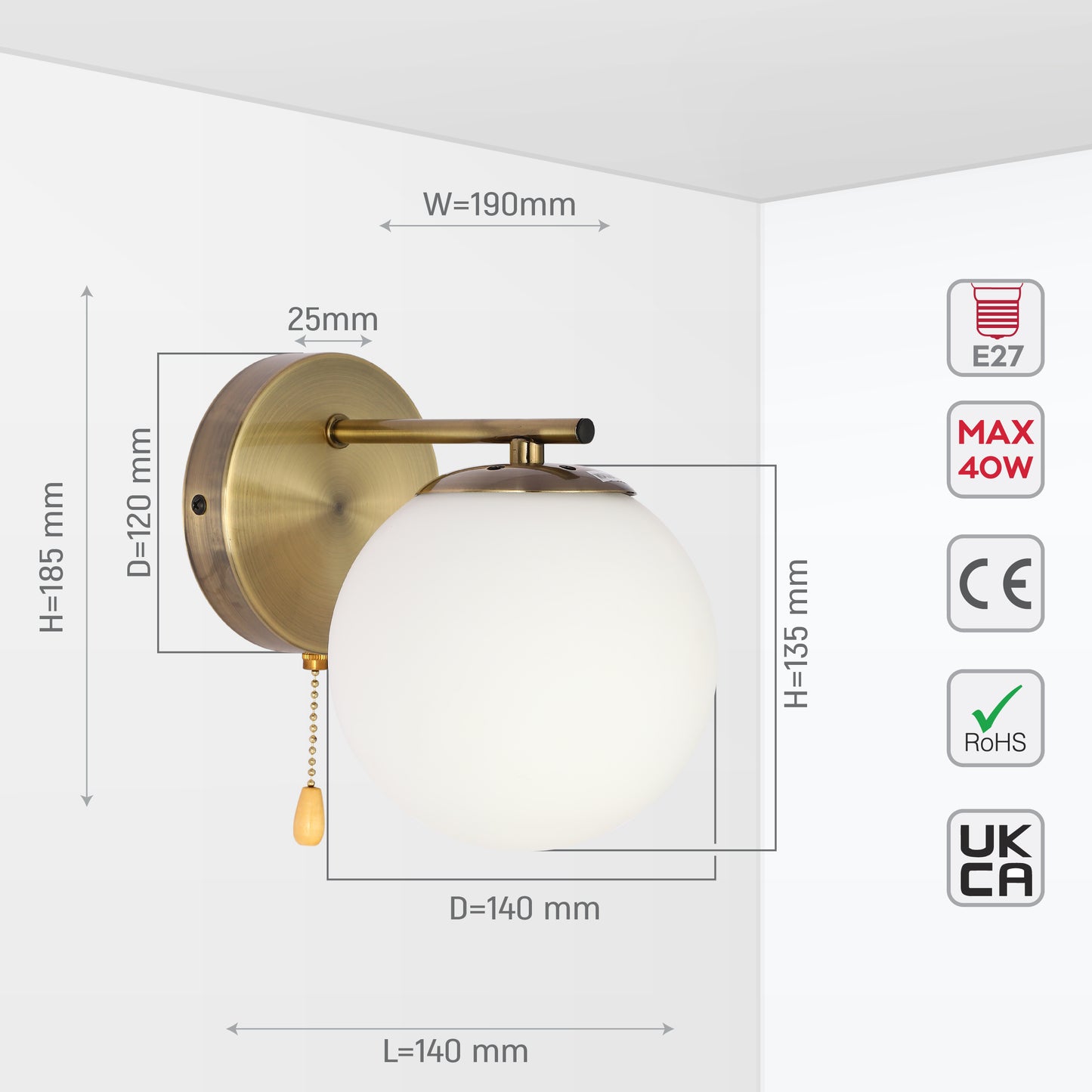 WALL LIGHT GLOBE 52030 1XE27 ROD OPAL+ ANTIQUE BRASS (TEKLED)