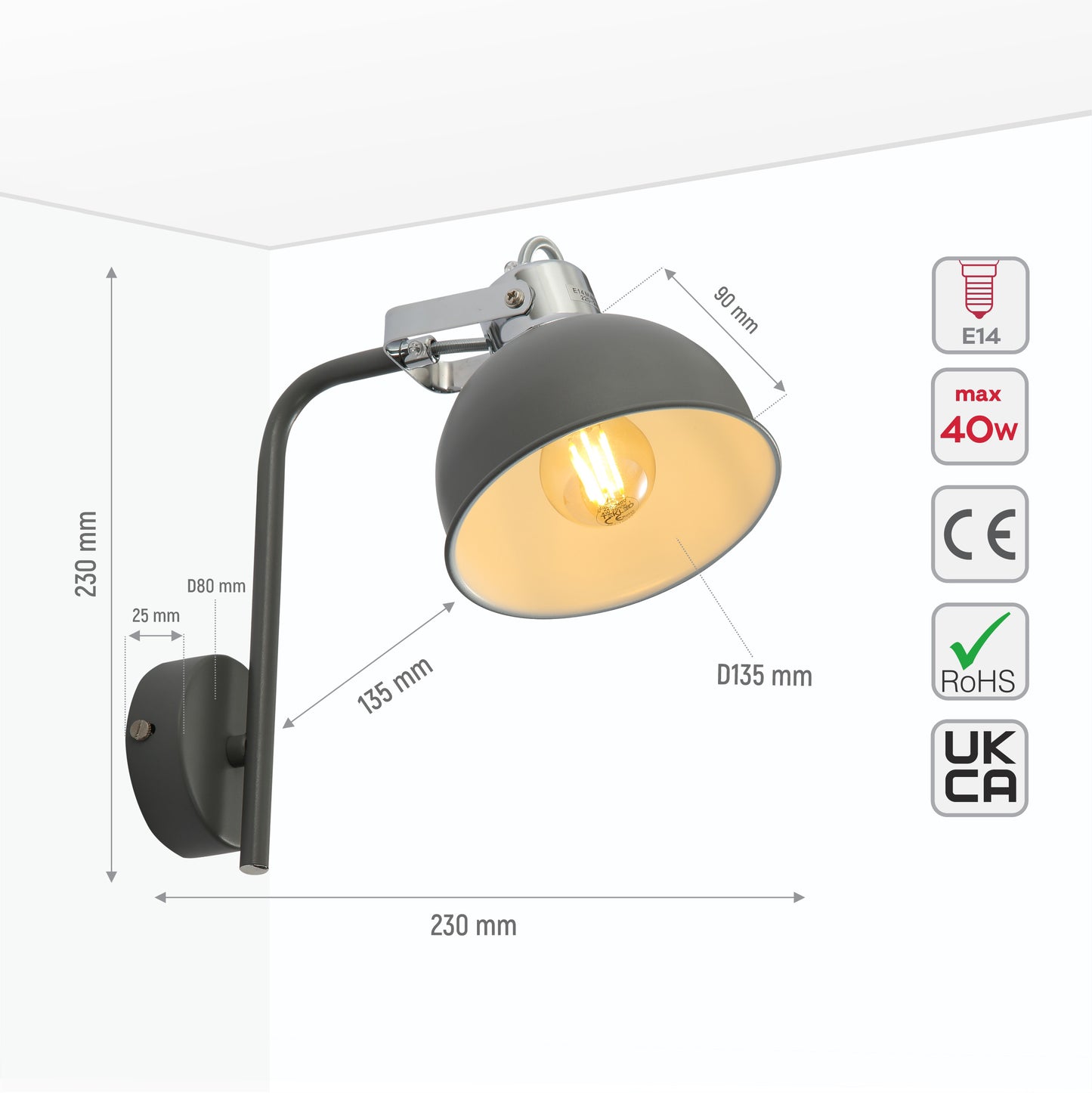 Grey Dome Shade Grey metal Body Ceiling and Wall Light E14