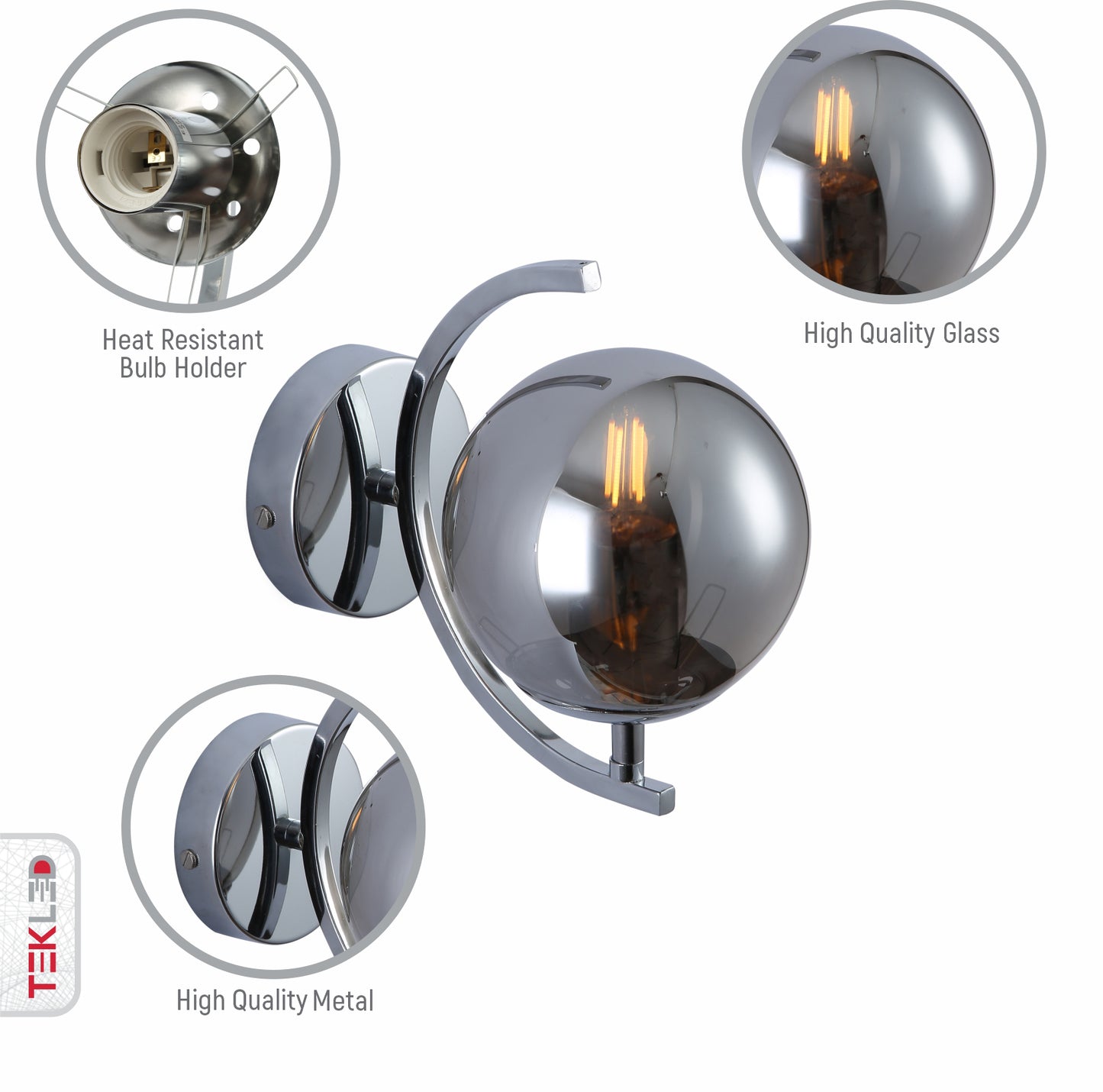 Globe Glass Gold Chrome Crescent Metal Modern Wall Light E27
