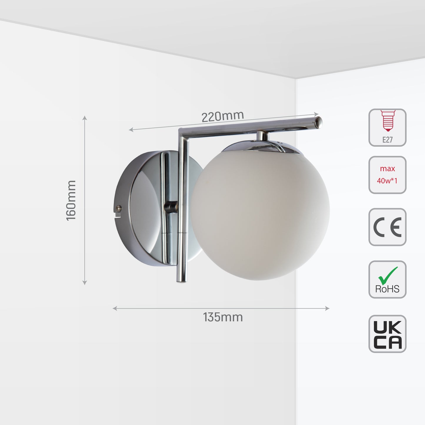 Opal Globe Glass Bronze L Shape Metal Wall Light E27 Fitting