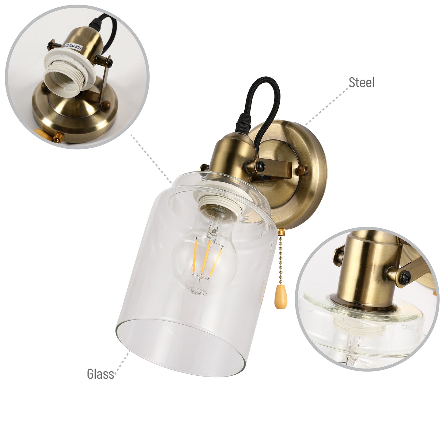Wall Lamp Antique Wall Lampss Wall Light Clear Glass E27 Max60W (TEKLED)
