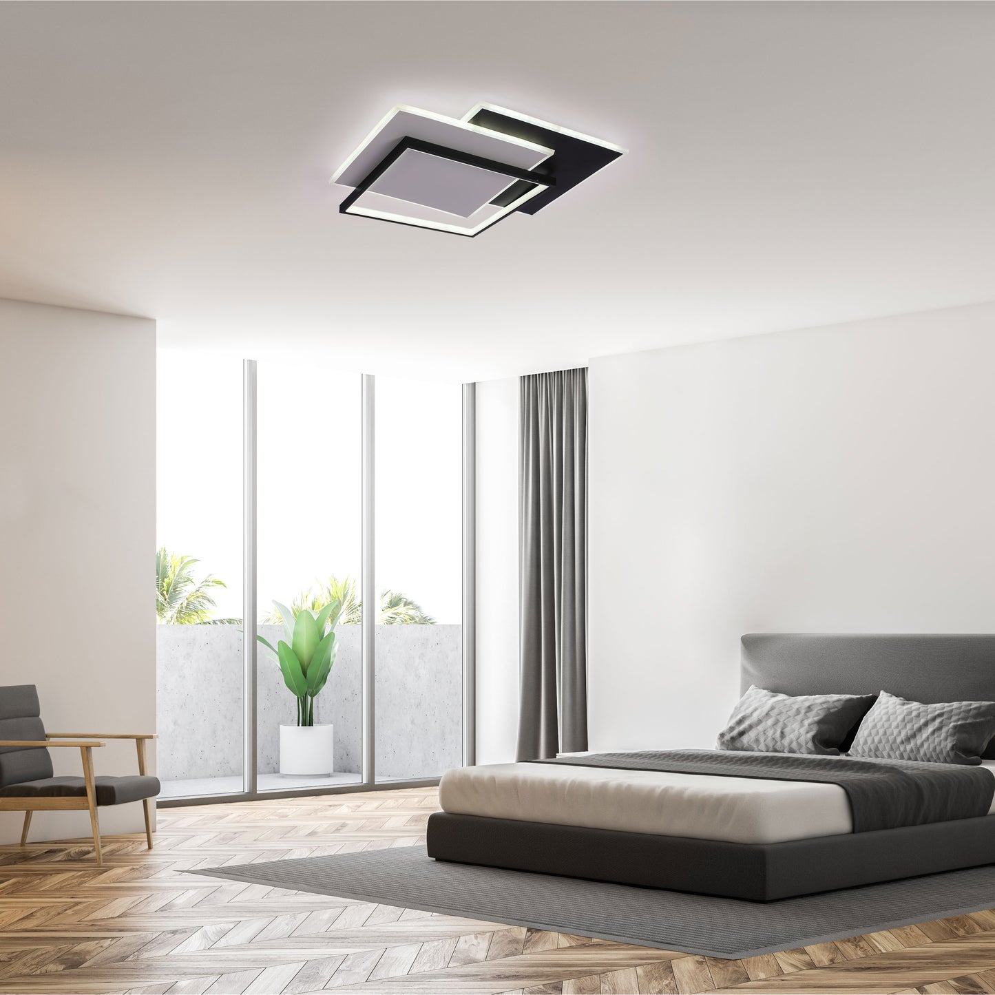 Layered Square LED Ceiling Light, CCT Tunable with Remote, Black & White, 72W, Flush Mount