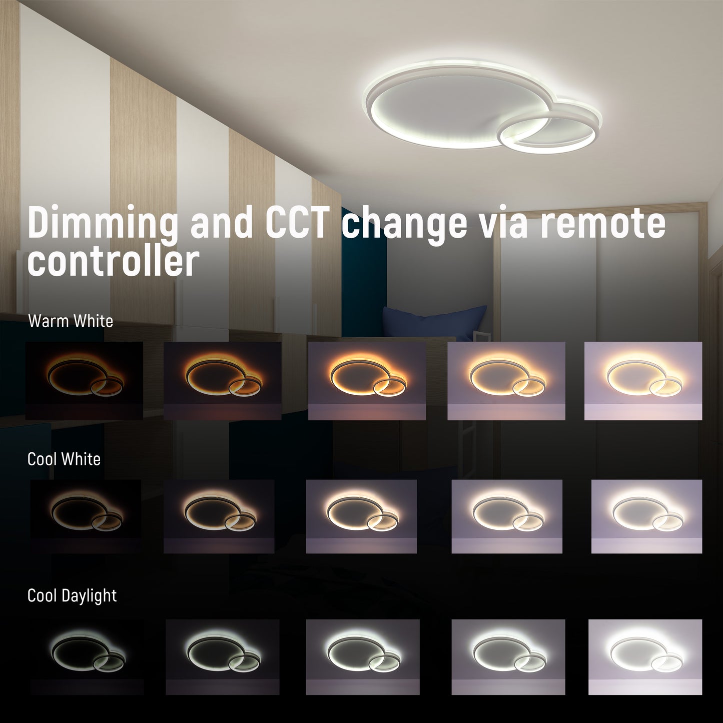 Dual-Ring LED Ceiling Light, CCT Tunable Dimmable with Remote, Flush Mount