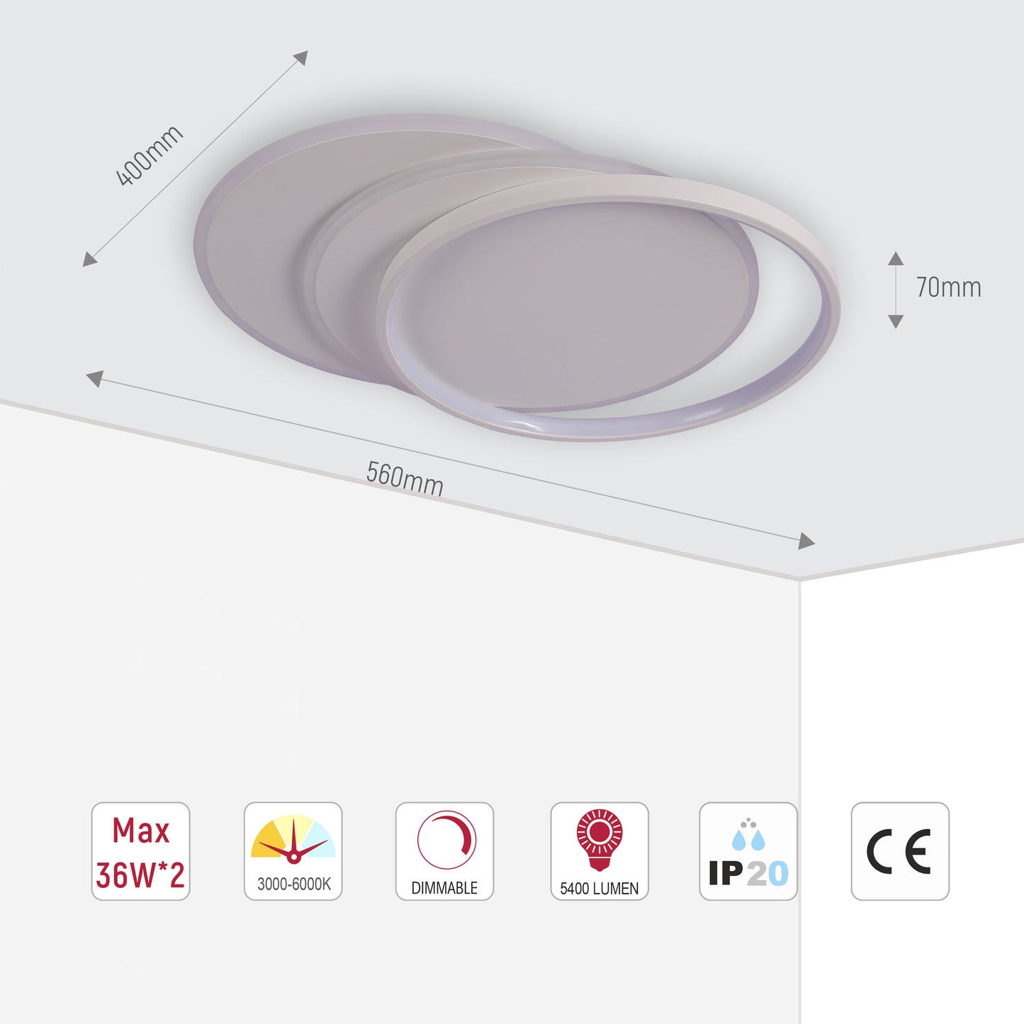 Dimmable CCT Tunable Overlapping Tray LED Ceiling Light with Remote for Bedrooms & Living Rooms