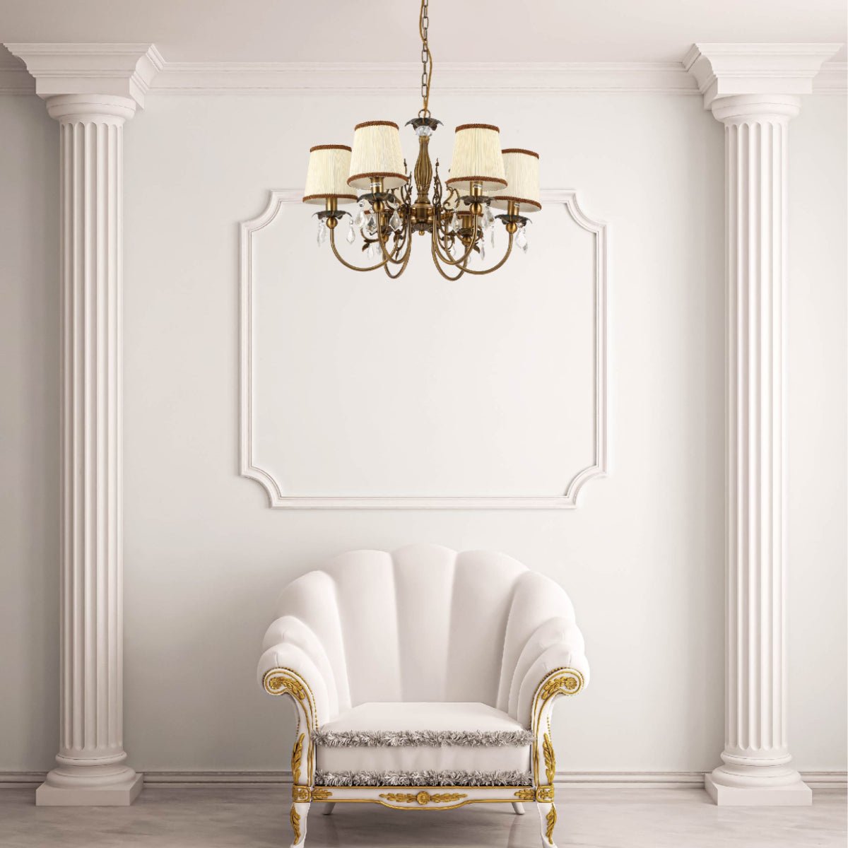 Waiting room lounge  interior usage of Antique Brass Finishing Metal Body Off White Shade Candle Vintage Crystal Ceiling Light with E14 | TEKLED 156-18202