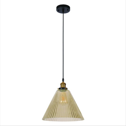 Amber Glass Cone Funnel Reeded Fluted Striped Pendant Ceiling Light E27