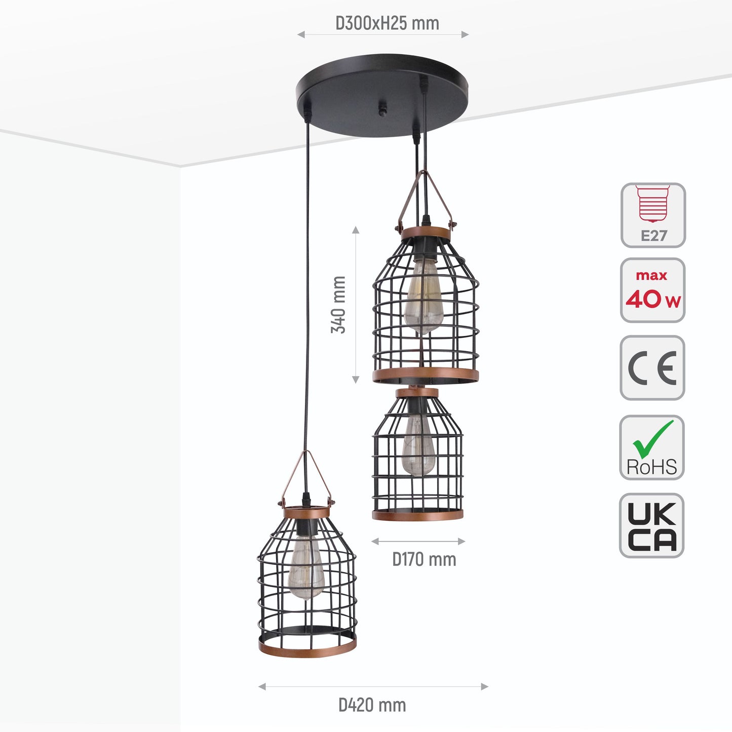 Chandelier 9068-3 3*E27 BLACK (TEKAVIZE)