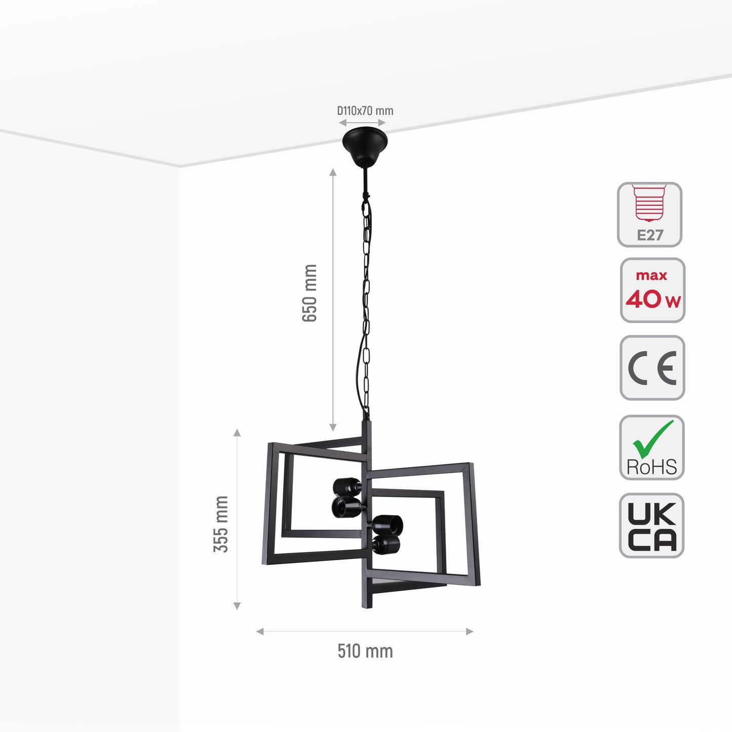 Black 4 Rectangle Chandelier Pendant Ceiling Light E27
