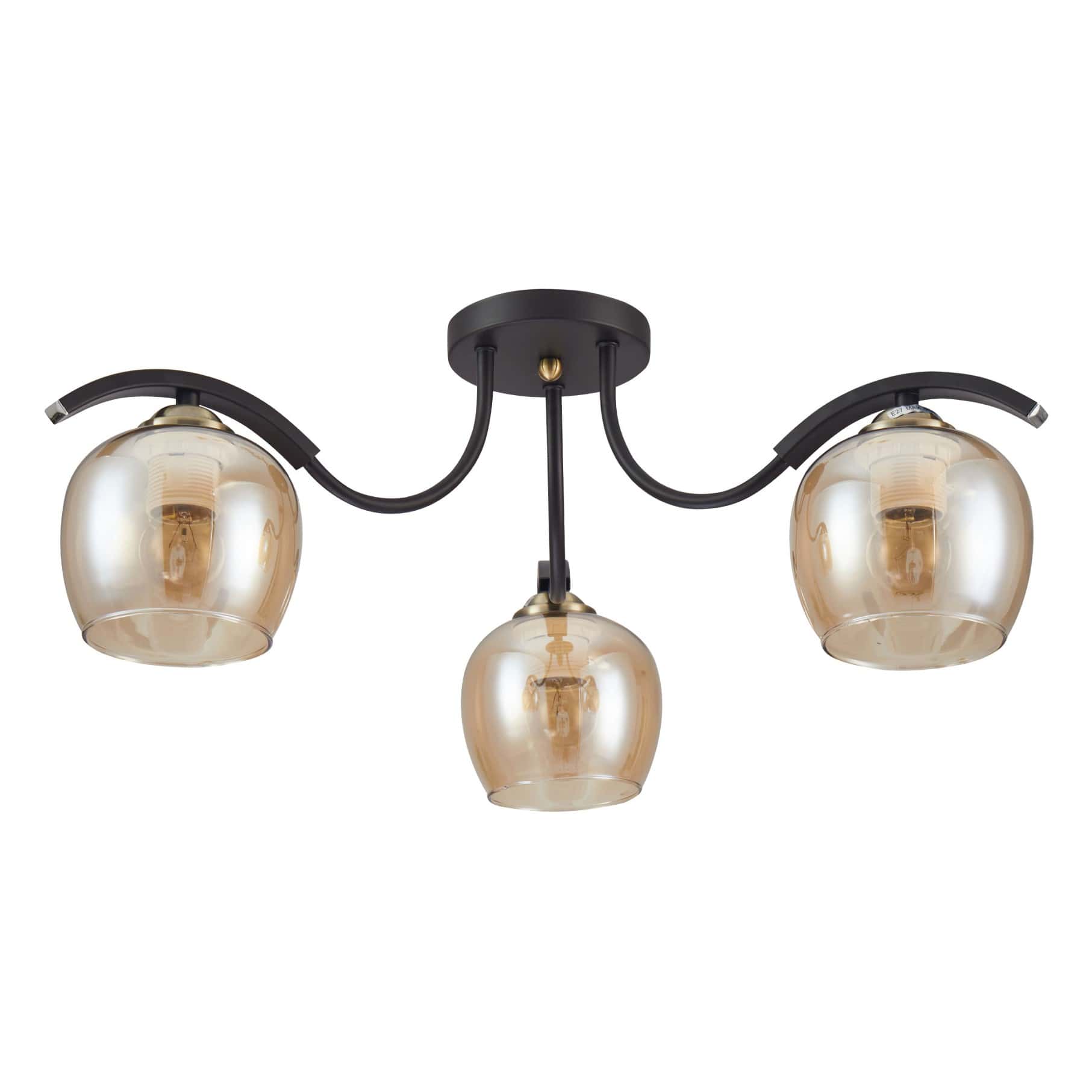 Main photo of amber glass black semi flush ceiling light new 3 lamp