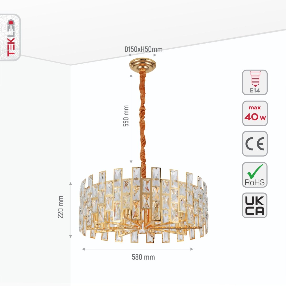 Size and specs of Coffin Stone Gold Metal Castle Crystal Island Chandelier Ceiling Light with E14 Fitting | TEKLED 158-19424