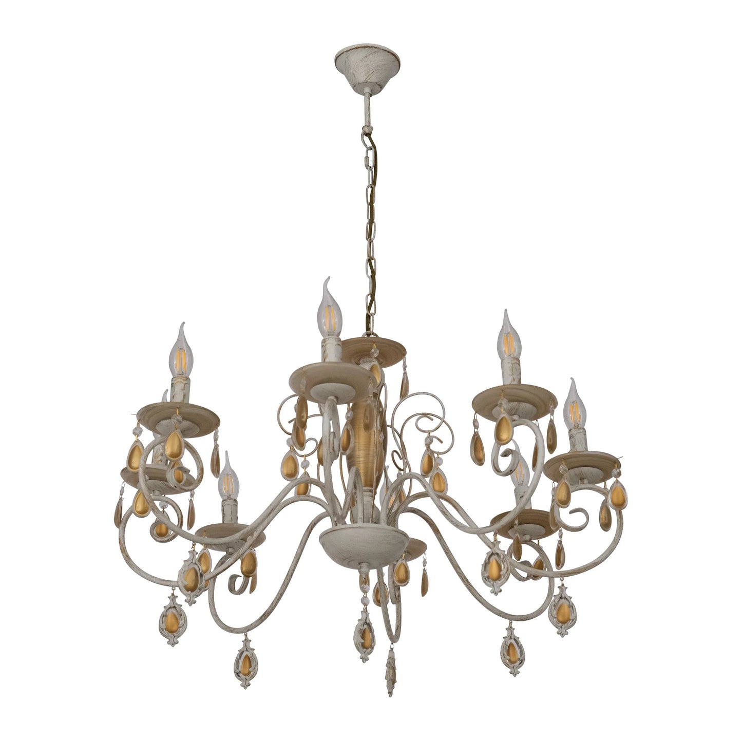 Amber Crystal Gold and White Metal Arm Ceiling Chandelier Light E14