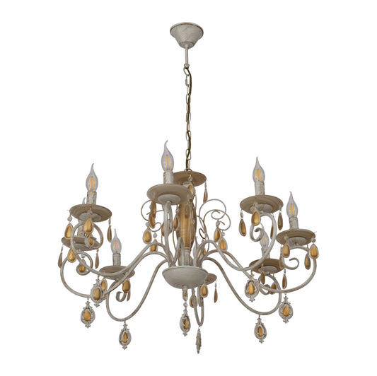 Amber Crystal Gold and White Metal Arm Ceiling Chandelier Light E14