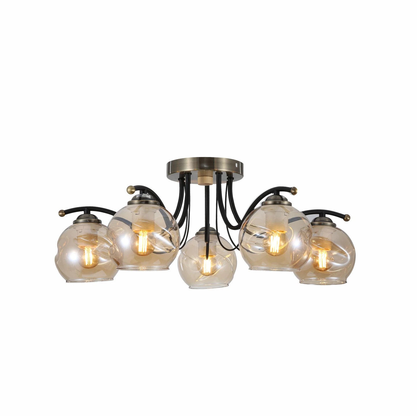 Amber Glass Dome Black and Antique Brass Metal Semi Flush Ceiling Light E27