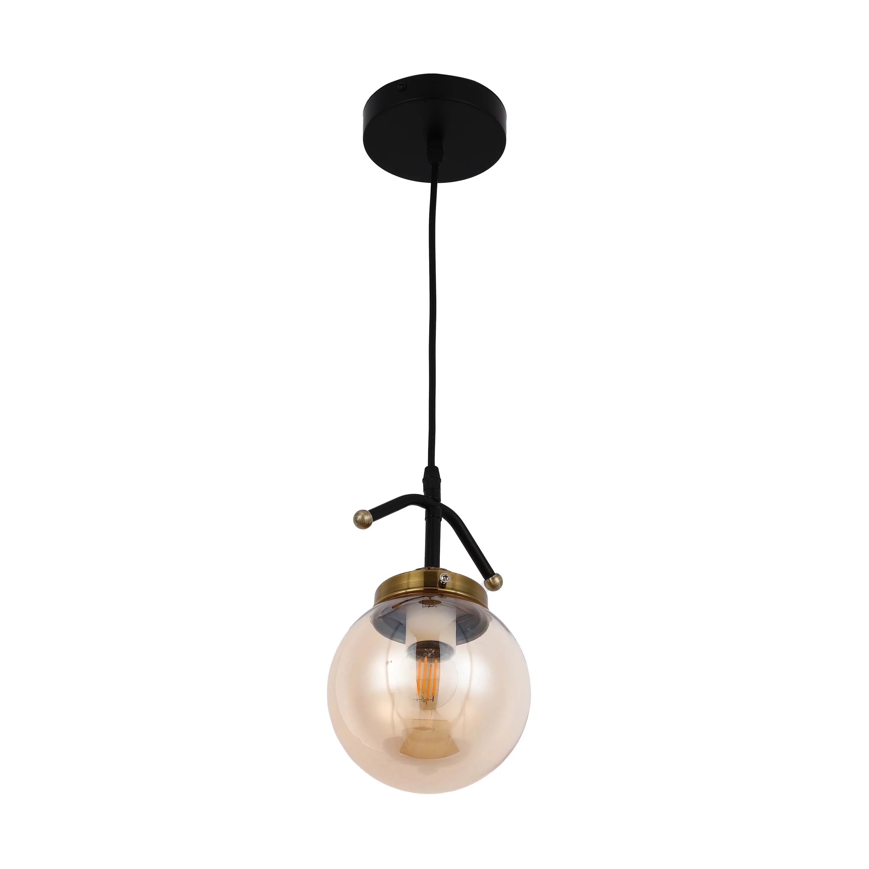 Amber Glass Globe Black and Antique Brass Pendant Ceiling Light E27