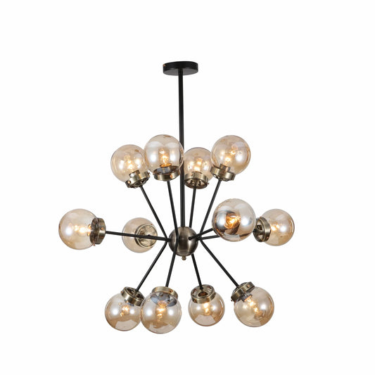 Amber Glass Globe Black and Antique Brass Semi Flush Ceiling Light E27