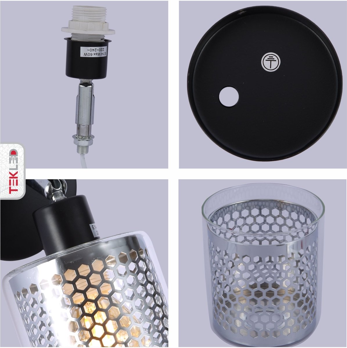 Chrome Honeycomb Shade Black Body Semi Flush Ceiling and Wall Light E14