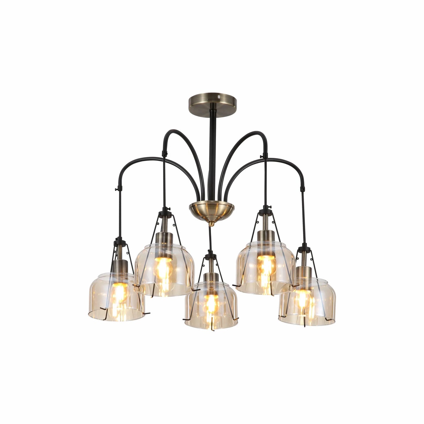 Amber Glass Black and Antique Brass Suspended Chandelier Ceiling Light E27