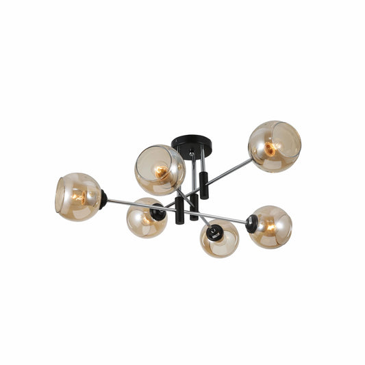 Amber Glass Globe Chrome and Black Metal Semi Flush Ceiling Light E27