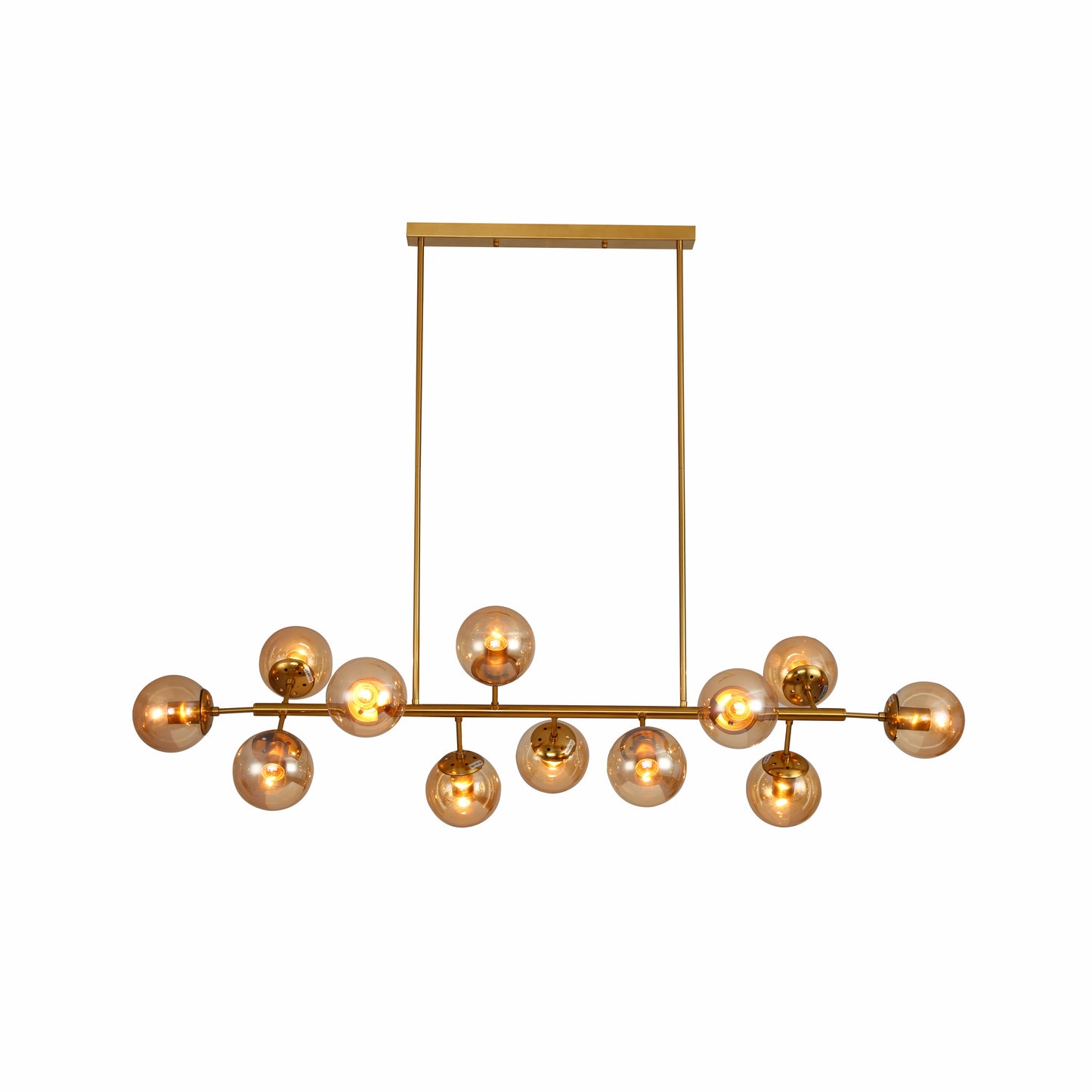 Modern Molecule Style Amber Smoky Opal Glass Globe Gold Black Metal Body Island Chandelier Ceiling Light