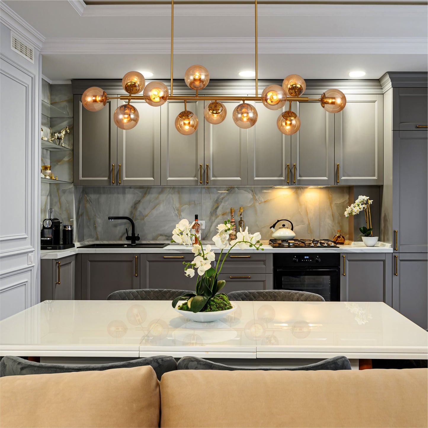 Modern Molecule Style Amber Smoky Opal Glass Globe Gold Black Metal Body Island Chandelier Ceiling Light