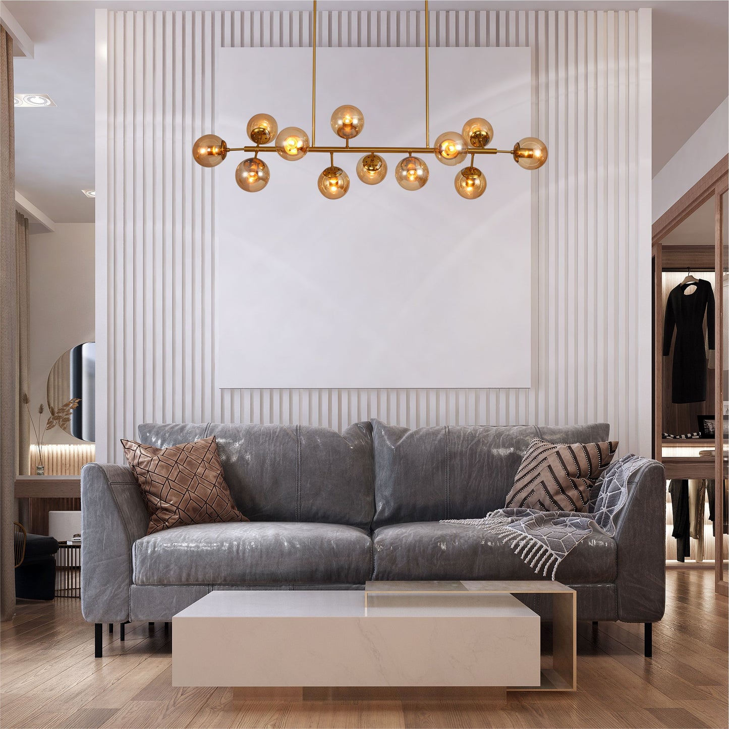 Modern Molecule Style Amber Smoky Opal Glass Globe Gold Black Metal Body Island Chandelier Ceiling Light
