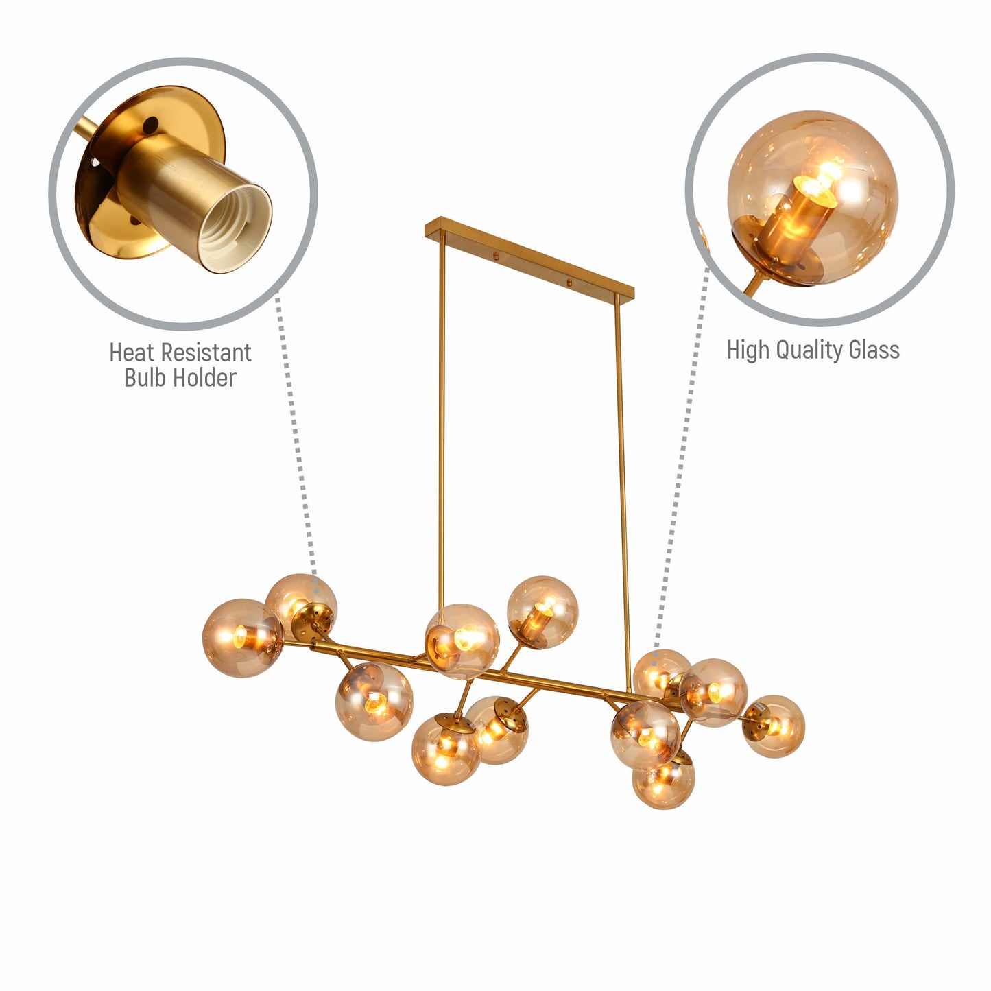 Modern Molecule Style Amber Smoky Opal Glass Globe Gold Black Metal Body Island Chandelier Ceiling Light