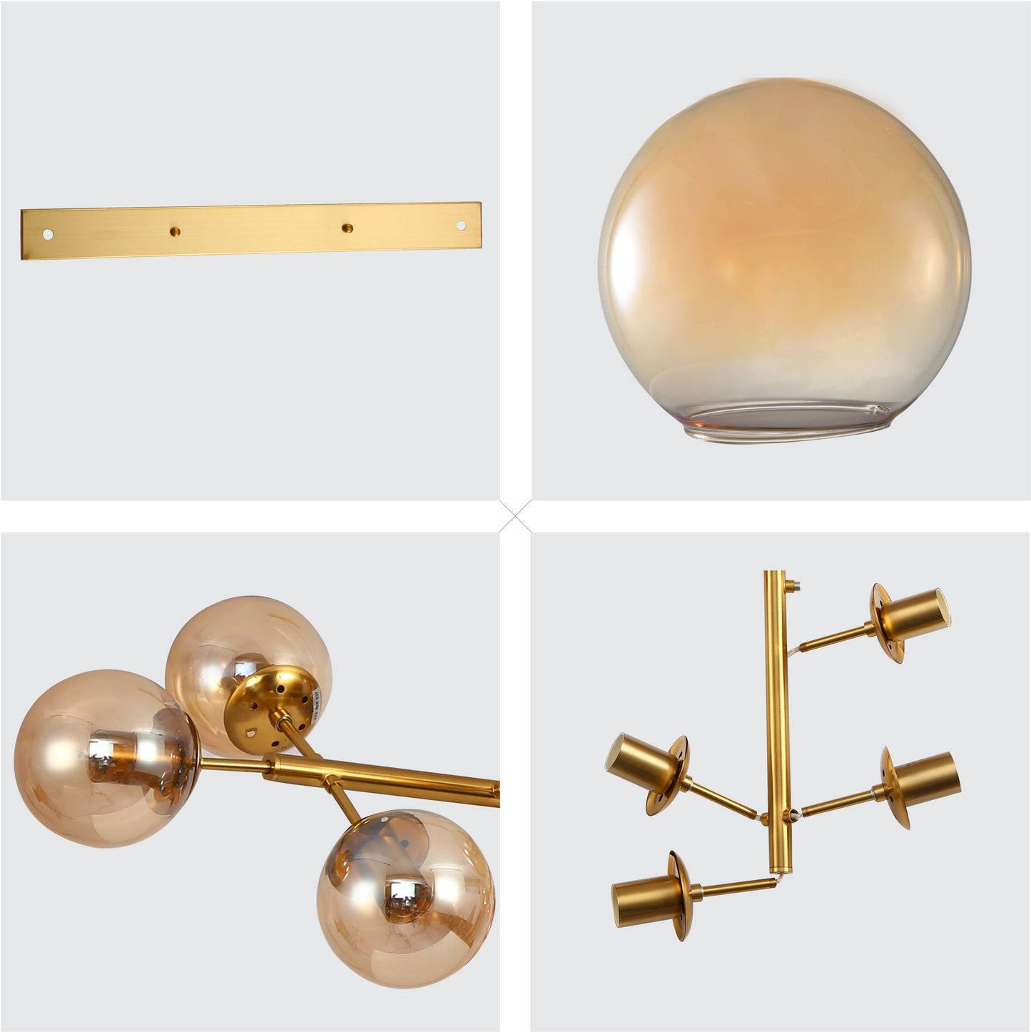 Modern Molecule Style Amber Smoky Opal Glass Globe Gold Black Metal Body Island Chandelier Ceiling Light