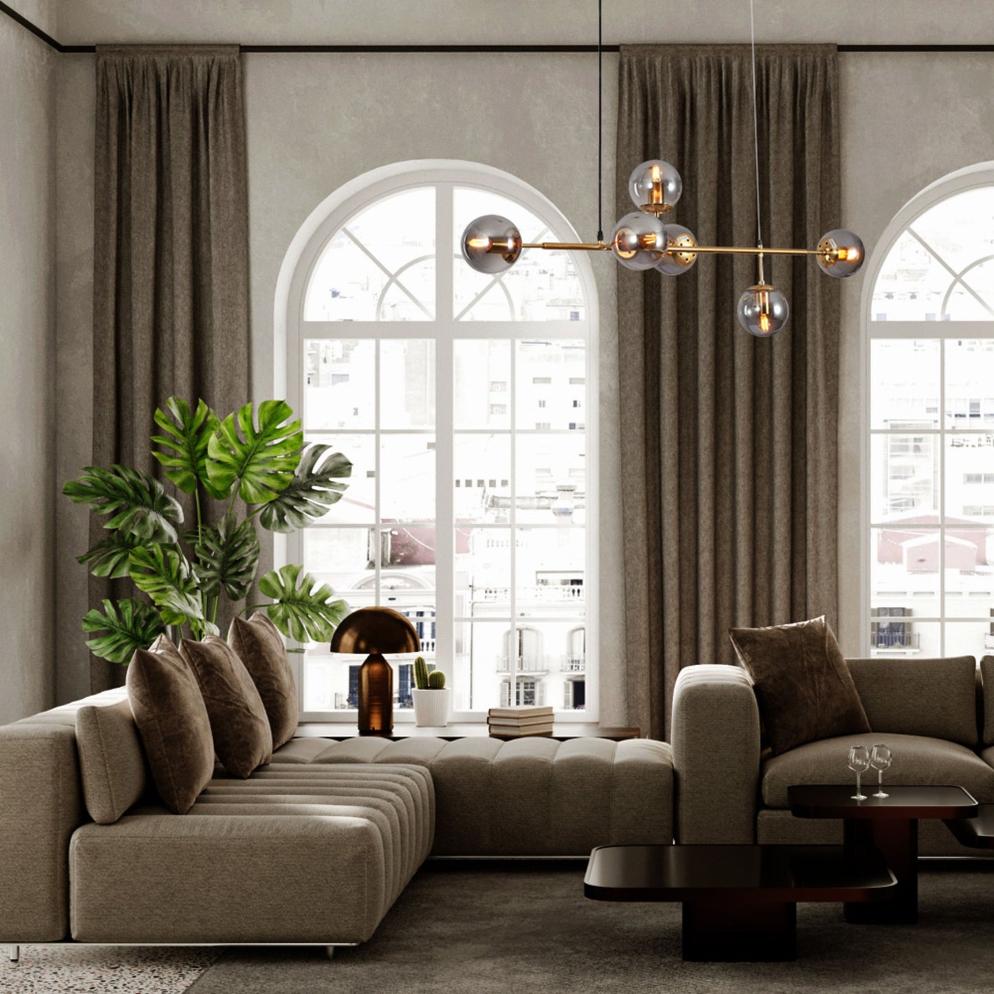 Smoky or Amber Glass Globe Black or Gold Metal Modern Island Chandelier Ceiling Light 6xE27