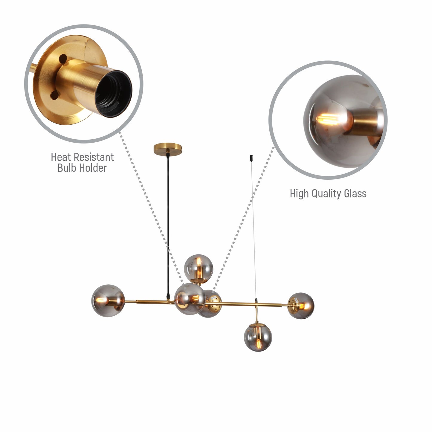 Smoky or Amber Glass Globe Black or Gold Metal Modern Island Chandelier Ceiling Light 6xE27
