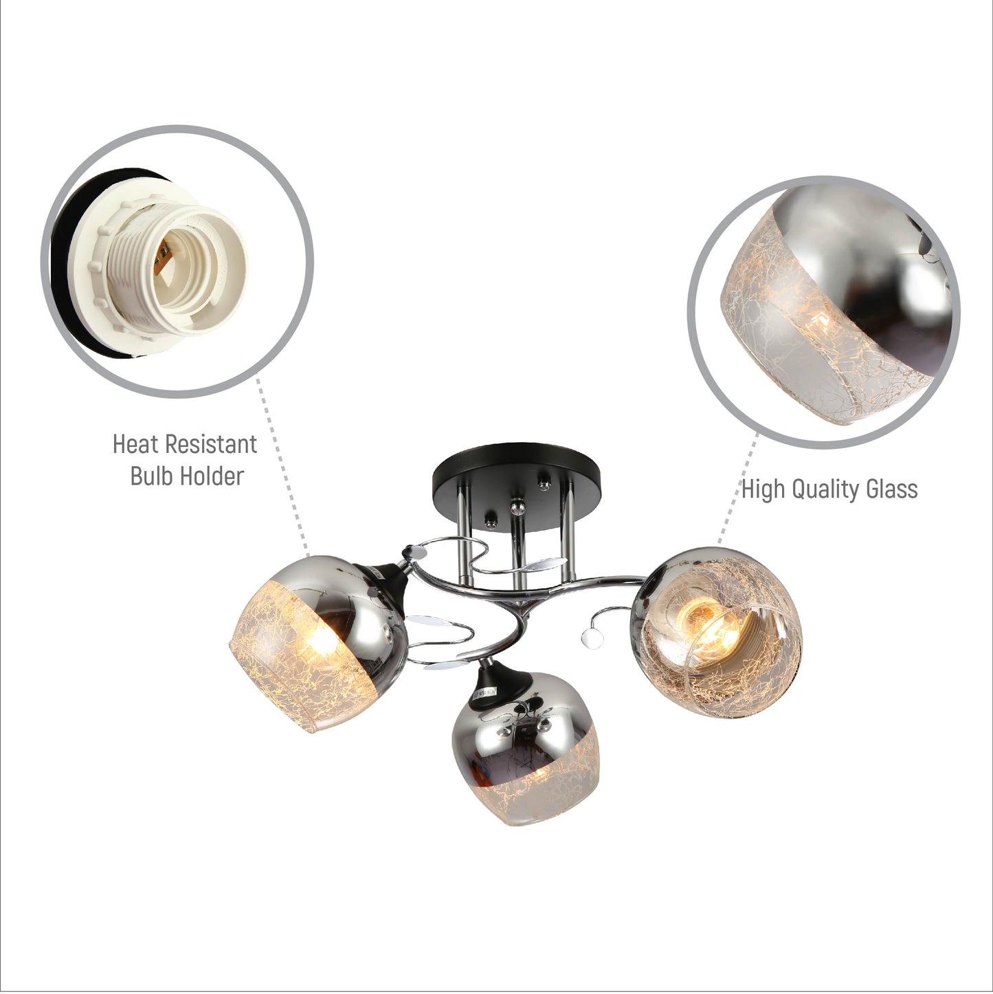 Chrome Metal Partial Mirror Cone Glass Ceiling Light E27