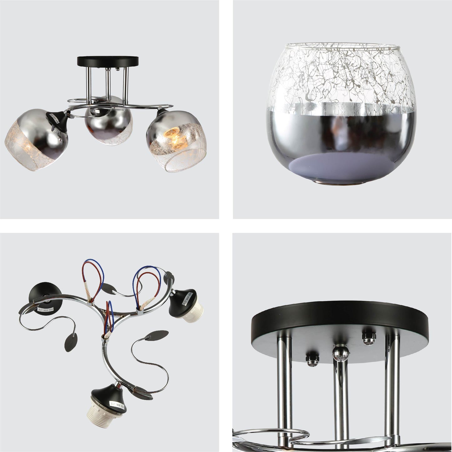 Chrome Metal Partial Mirror Cone Glass Ceiling Light E27