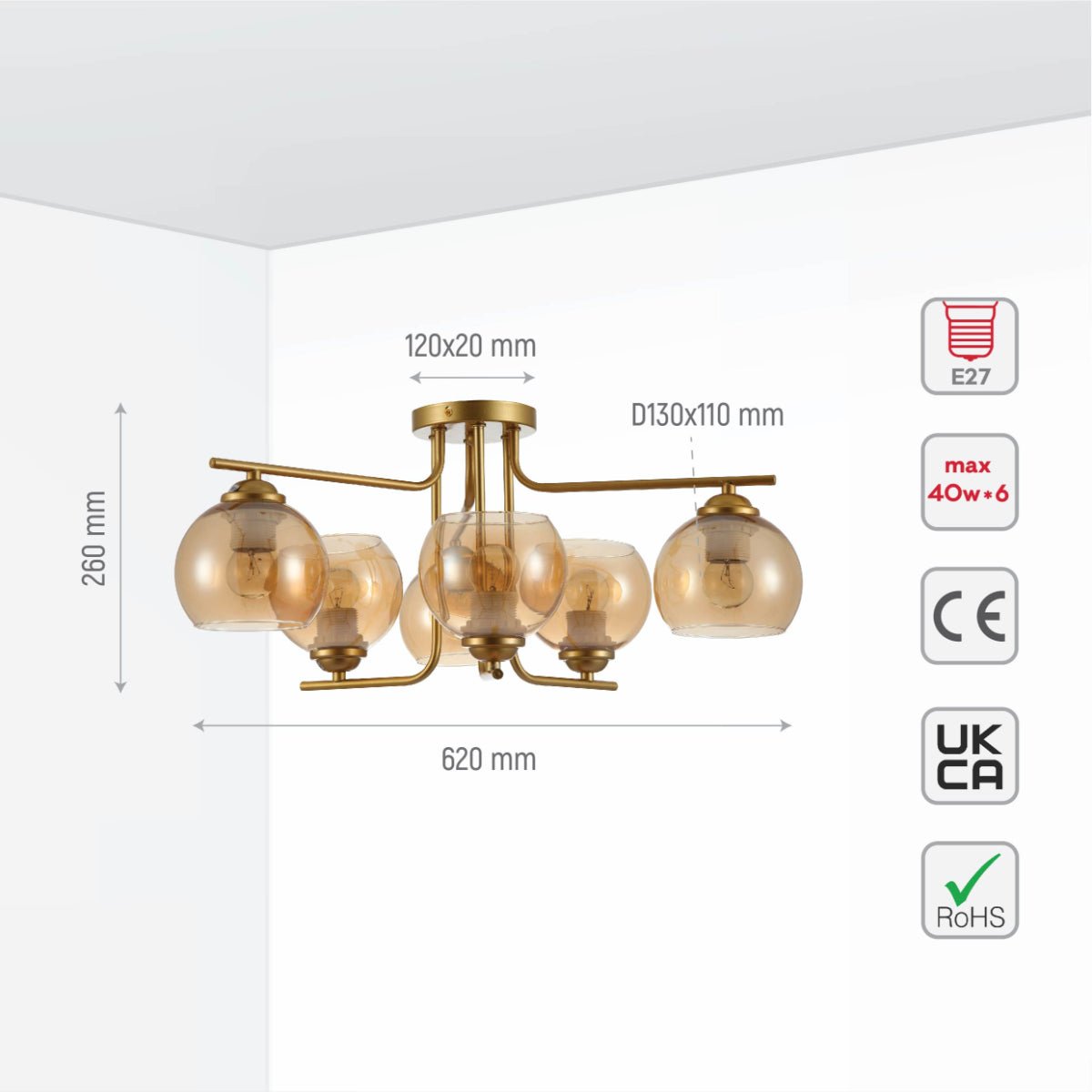 Size and specs of Gold L shape Metal Amber Dome Glass Ceiling Light with E27 Fittings | TEKLED 159-17630