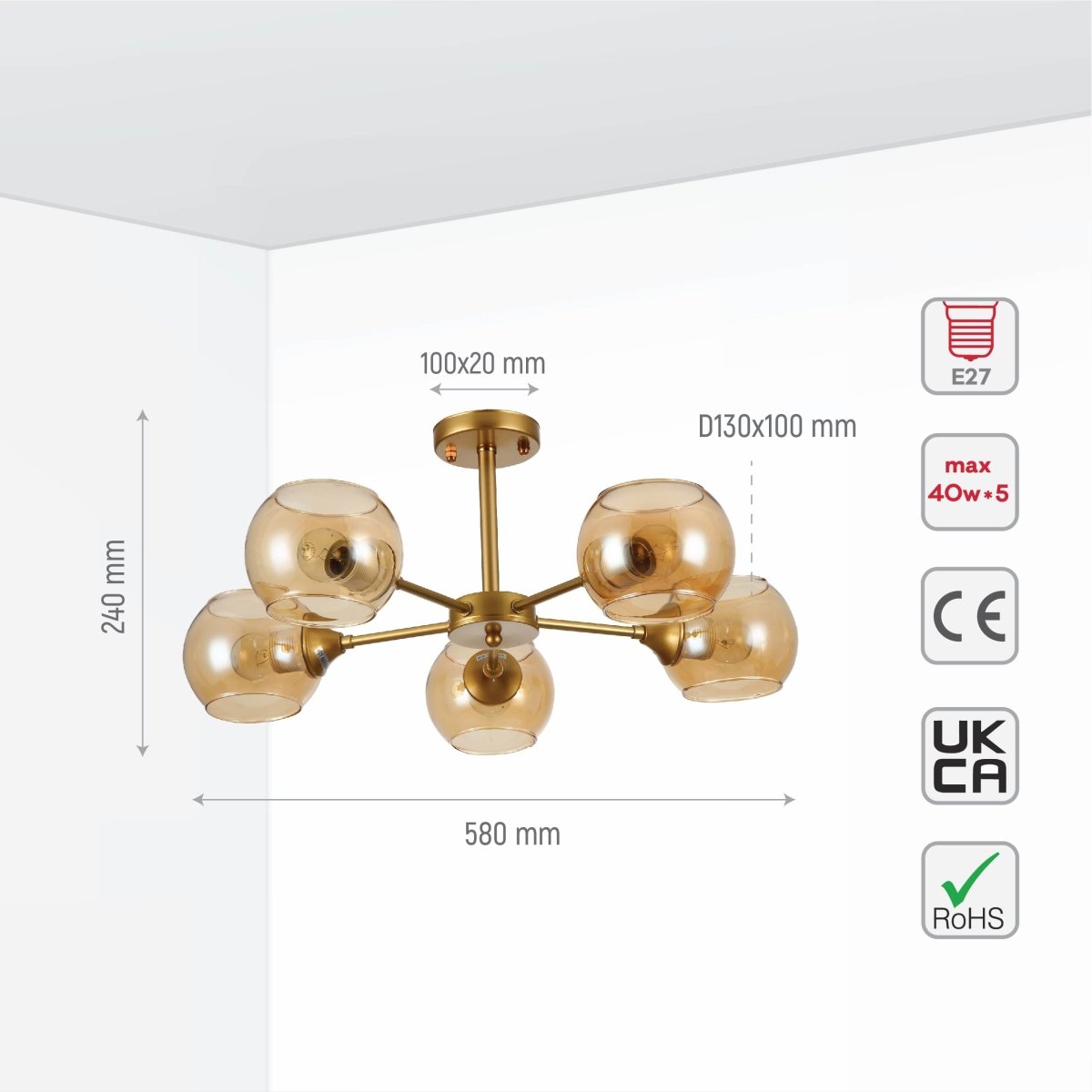 Size and specs of Amber Sides Open Globe Glass Gold Semi Flush Ceiling Light E27 | TEKLED 159-17634