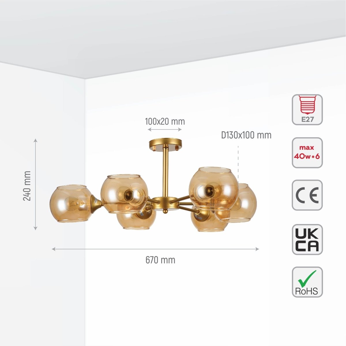 Size and specs of Amber Sides Open Globe Glass Gold Semi Flush Ceiling Light E27 | TEKLED 159-17636