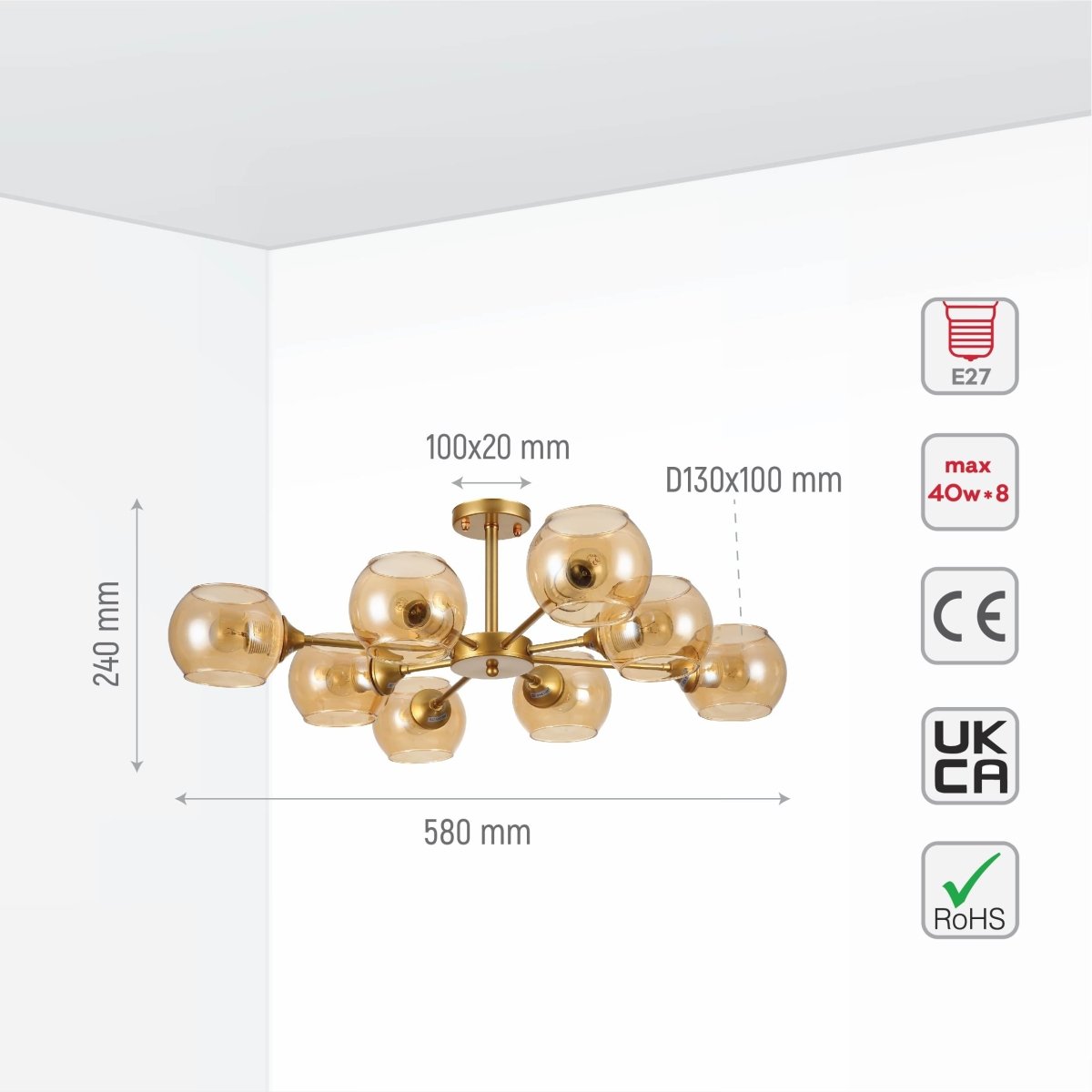 Size and specs of Amber Sides Open Globe Glass Gold Semi Flush Ceiling Light E27 | TEKLED 159-17638